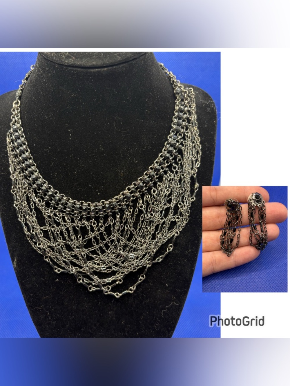 Black Multi Strand Chain Necklace Earrings Set Statement Fringe Bib